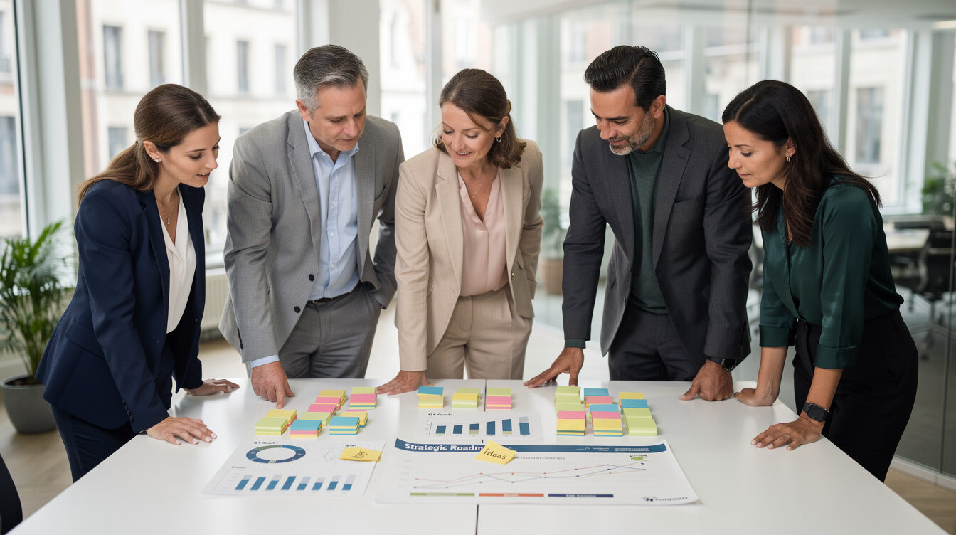 Diverse team of professionals reviewing planning charts and sticky notes on a table