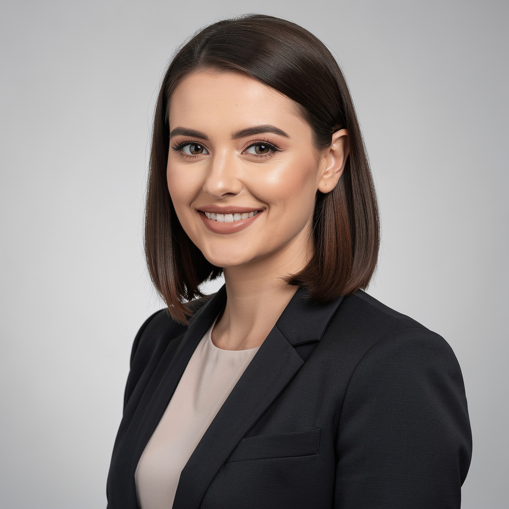 Studio portrait of a European businesswoman in her 30s smiling